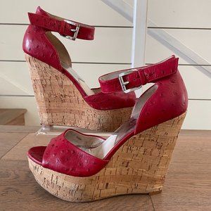 Michael Kors Ariana Red Ostrich Cork Wedges